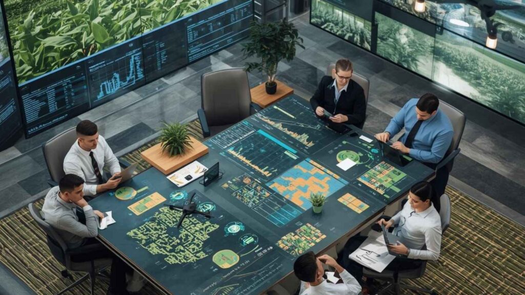 Professionisti in ambiente agricolo con elementi di tecnologia e dati