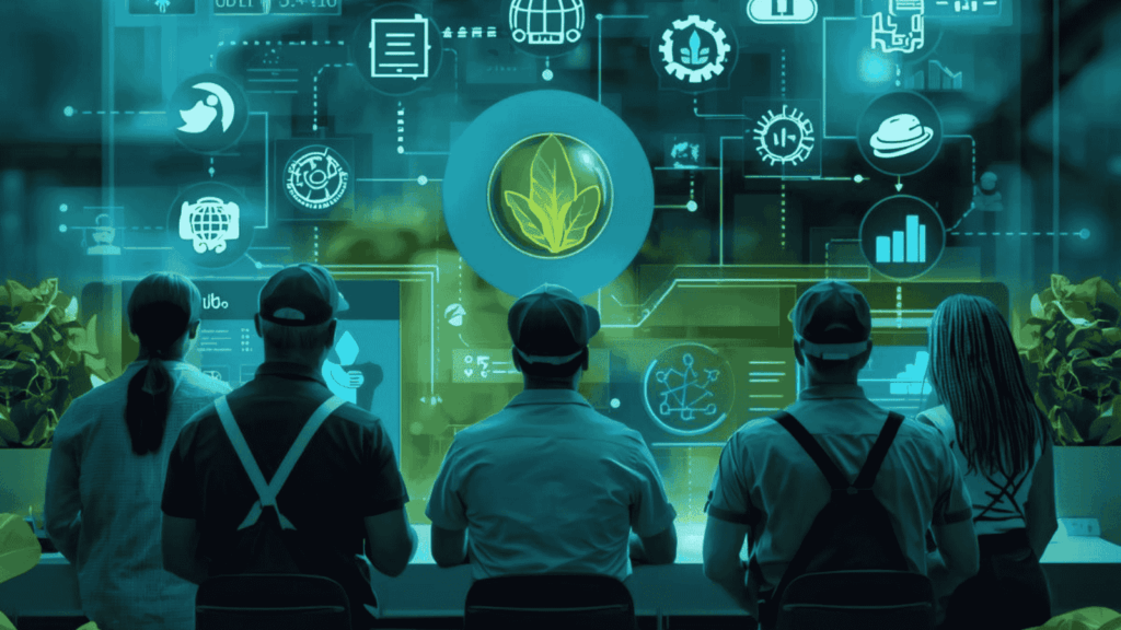 Infografica sulle aree tematiche dei corsi di formazione per l'industria agroalimentare: tracciabilità digitale, tecnologie 4.0 e sostenibilità.